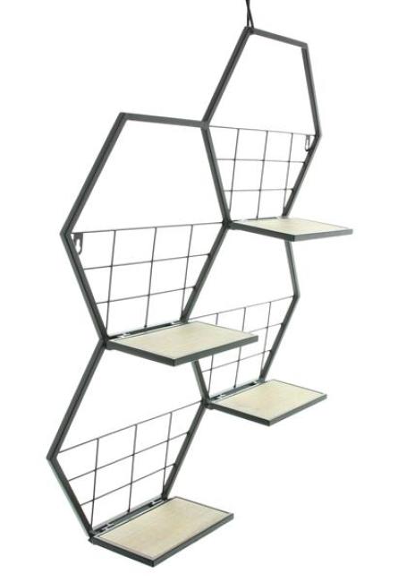 Preview: Wandregal "Hexagon" aus Metall, schwarz, 4 klappbare Böden aus MDF, Wanddeko, Wandschmuck