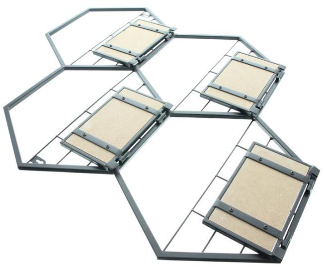 Wandregal "Hexagon" aus Metall, schwarz, 4 klappbare Böden aus MDF, Wanddeko, Wandschmuck