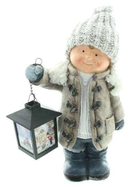 Preview: Dekofigur "Junge" mit LED Laterne, 31 cm hoch, Winterdeko, Weihnachtsdeko