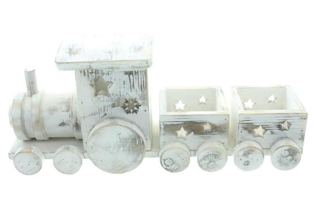 Preview: Weihnachtszug "Shabby White" aus Holz, 40 cm lang, Dekozug Lok mit 2 Anhängern, Dekofigur, Weihnachtsdeko