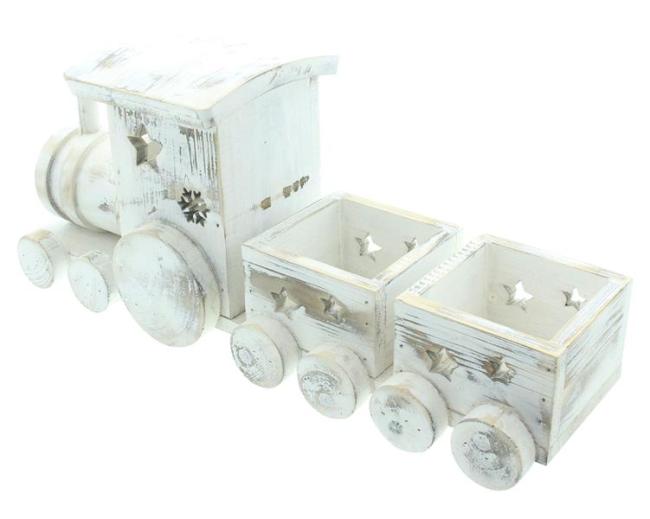 Weihnachtszug "Shabby White" aus Holz, 40 cm lang, Dekozug Lok mit 2 Anhängern, Dekofigur, Weihnachtsdeko