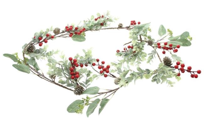 Preview: Girlande "Rote Beeren" 150 cm lang, aus biegsamen Kunststoff, Wanddeko, Fenstergirlande, Tischdeko