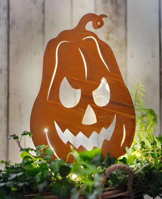 Gartenstecker "Kürbis" aus Metall, Echt Rost, mit LED Beleuchtung, 55 cm hoch, Roststecker, Halloweendeko