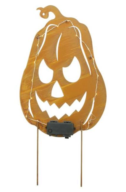 Gartenstecker "Kürbis" aus Metall, Echt Rost, mit LED Beleuchtung, 55 cm hoch, Roststecker, Halloweendeko