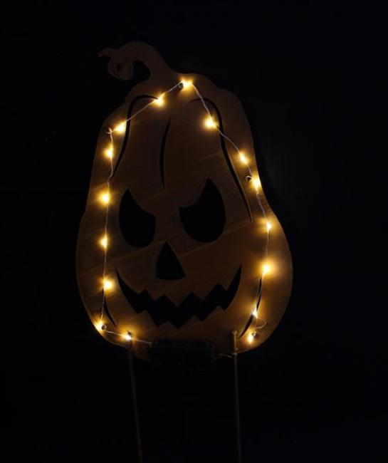 Gartenstecker "Kürbis" aus Metall, Echt Rost, mit LED Beleuchtung, 55 cm hoch, Roststecker, Halloweendeko