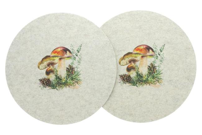 Preview: 2x Platzmatte "Waldpilze" aus Filz, beige, rund Ø 38 cm, bedruckt mit Herbstmotiv, Platzset, Tischset