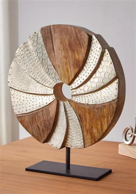 Preview: Skulpur "Circle" aus Mango Holz und Aluminium in silber, Ø 24 cm, Dekoobjekt, Holzdeko
