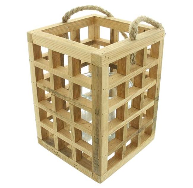 Preview: Windlicht "Wood" aus recyceltem Holz & Glas, 24 cm hoch, Hängewindlicht, Laterne