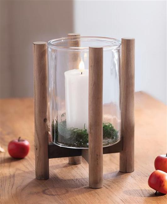 Preview: Windlicht "Sixties" Holzgestell mit Glaswindlicht, 29 cm hoch, Kerzenhalter, Vase, Dekosäule