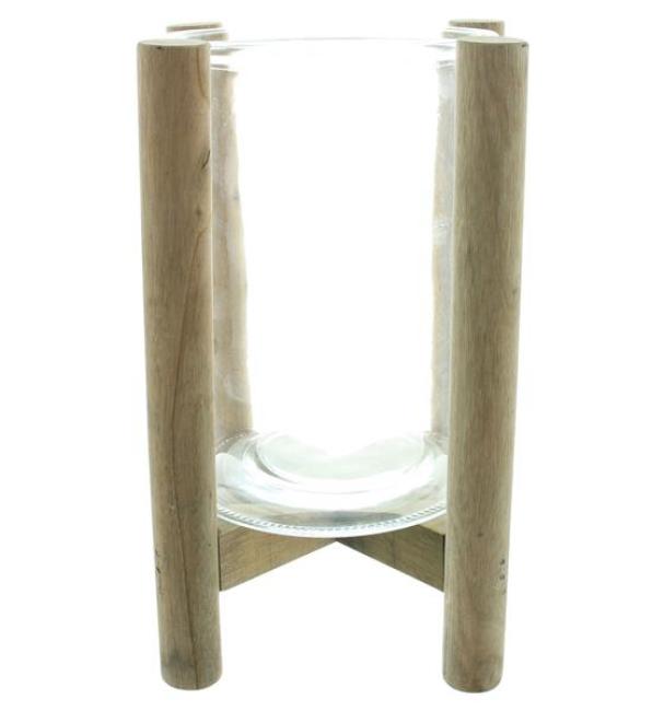Preview: Windlicht "Sixties" Holzgestell mit Glaswindlicht, 29 cm hoch, Kerzenhalter, Vase, Dekosäule