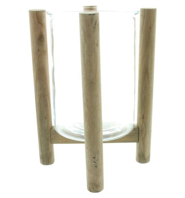 Preview: Windlicht "Sixties" Holzgestell mit Glaswindlicht, 29 cm hoch, Kerzenhalter, Vase, Dekosäule
