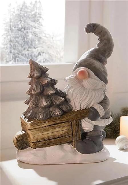 Preview: Dekofigur Wichtel "Schubkarre" aus Polyresin, 27 cm hoch, Dekowichtel, Weihnachtsdeko