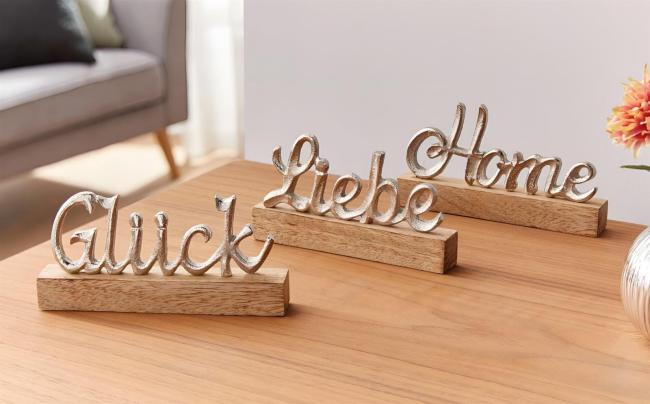 3er Set Schriftzug "Liebe, Home & Glück" aus Aluminium in silber & Mango Holz, Deko Aufsteller