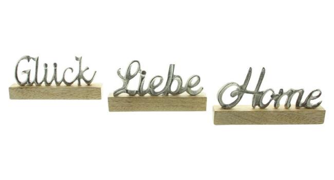 Preview: 3er Set Schriftzug "Liebe, Home & Glück" aus Aluminium in silber & Mango Holz, Deko Aufsteller