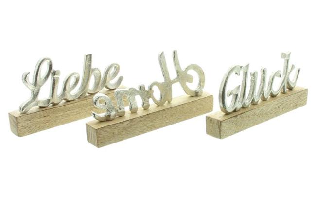 Preview: 3er Set Schriftzug "Liebe, Home & Glück" aus Aluminium in silber & Mango Holz, Deko Aufsteller