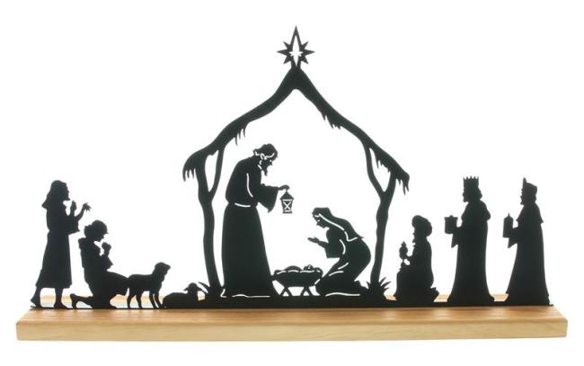 Preview: Weihnachtsdeko "Heilige Familie" aus Metall, schwarz, 44x24 cm, auf Holzsockel, Krippenspiel