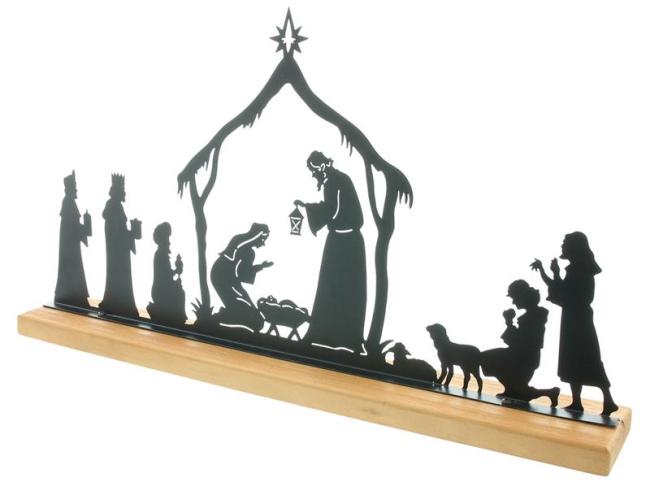 Preview: Weihnachtsdeko "Heilige Familie" aus Metall, schwarz, 44x24 cm, auf Holzsockel, Krippenspiel