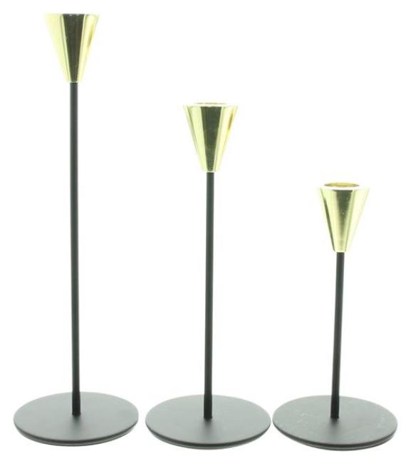 Preview: 3x Stabkerzenhalter "Schwarz & Gold" aus Metall, 16 - 25 cm hoch, Kerzenhalter, Kerzenständer