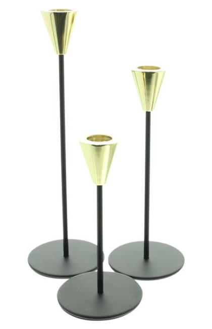Preview: 3x Stabkerzenhalter "Schwarz & Gold" aus Metall, 16 - 25 cm hoch, Kerzenhalter, Kerzenständer