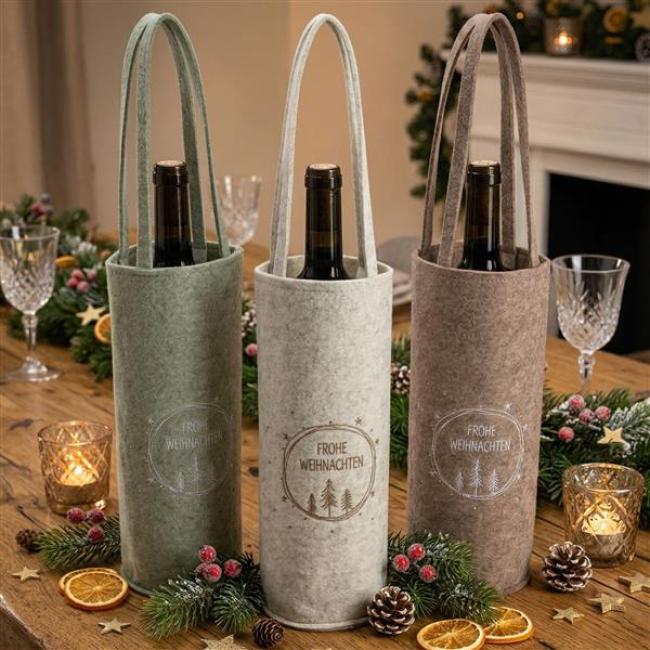 Preview: 3x Geschenktasche "Frohe Weihnachten" aus Filz, bestickt, Flaschentasche, Weinflasche Geschenkverpackung