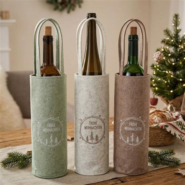Preview: 3x Geschenktasche "Frohe Weihnachten" aus Filz, bestickt, Flaschentasche, Weinflasche Geschenkverpackung