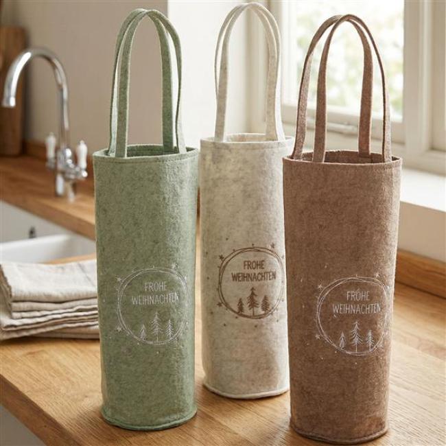Preview: 3x Geschenktasche "Frohe Weihnachten" aus Filz, bestickt, Flaschentasche, Weinflasche Geschenkverpackung