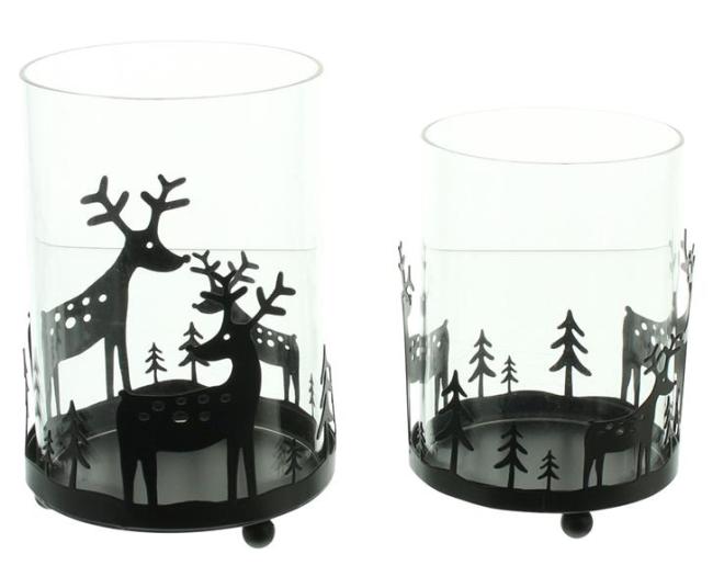 Preview: 2x Windlicht "Rentiere" aus Metall, schwarz & Glas, 11 + 13 cm hoch, Kerzenhalter für Stumpenkerzen, Teelichtglas, Windlichtglas