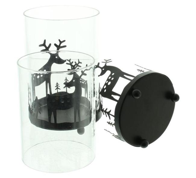 Preview: 2x Windlicht "Rentiere" aus Metall, schwarz & Glas, 11 + 13 cm hoch, Kerzenhalter für Stumpenkerzen, Teelichtglas, Windlichtglas