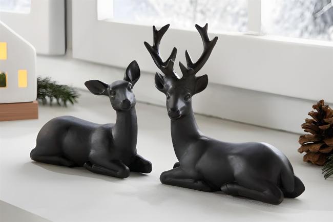 2x Dekofigur "Reh & Hirsch" aus Polyresin, matt schwarz, Tierfigur, Weihnachtsdeko, Tischdeko