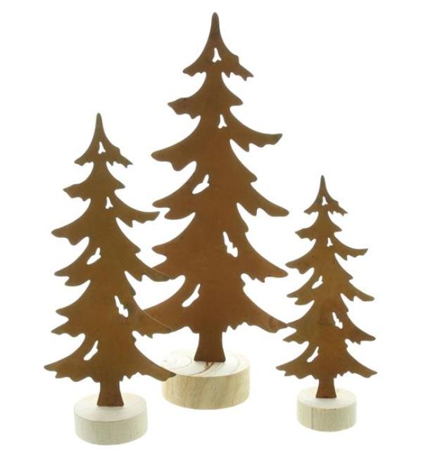 3x Dekofigur "Tanne" aus Metall mit Echtrost, 18 + 23 + 30 cm hoch, Sockel aus Holz, Tischdeko, Tannenbaum, Weihnachtsdeko