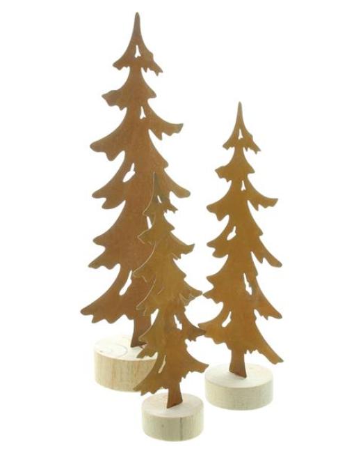 3x Dekofigur "Tanne" aus Metall mit Echtrost, 18 + 23 + 30 cm hoch, Sockel aus Holz, Tischdeko, Tannenbaum, Weihnachtsdeko