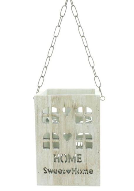 Preview: Laterne "Home Sweet Home" aus Holz & Glas, Hängelaterne, Windlicht mit Metall Kette
