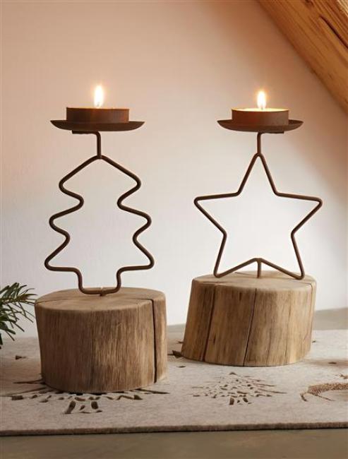 Preview: 2x Teelichthalter "Tanne & Stern" aus Metall & Holz, rustikale Tischdeko, Halter für Teelichter