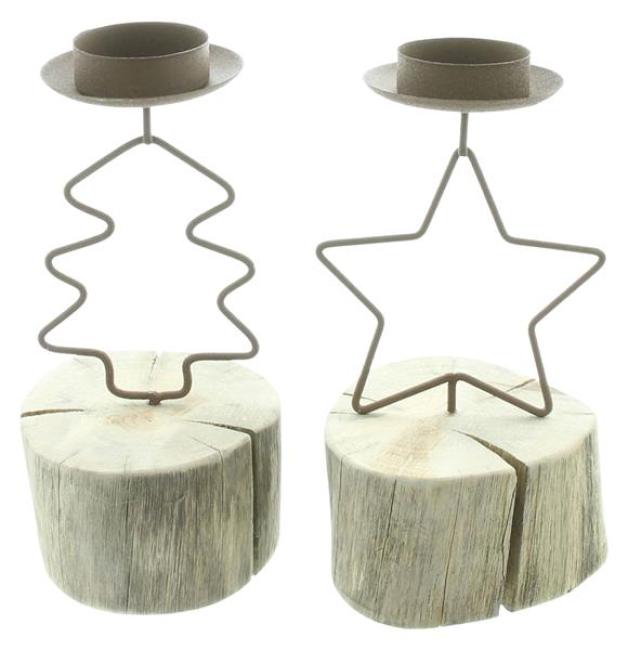 Preview: 2x Teelichthalter "Tanne & Stern" aus Metall & Holz, rustikale Tischdeko, Halter für Teelichter