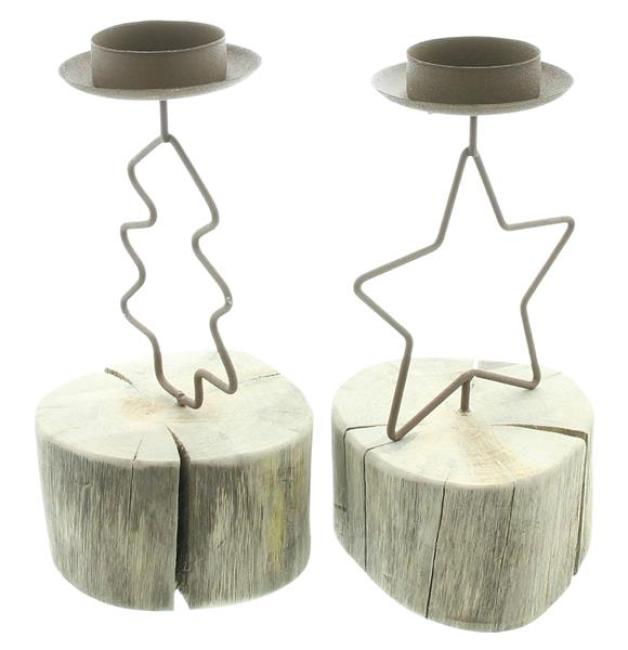 Preview: 2x Teelichthalter "Tanne & Stern" aus Metall & Holz, rustikale Tischdeko, Halter für Teelichter