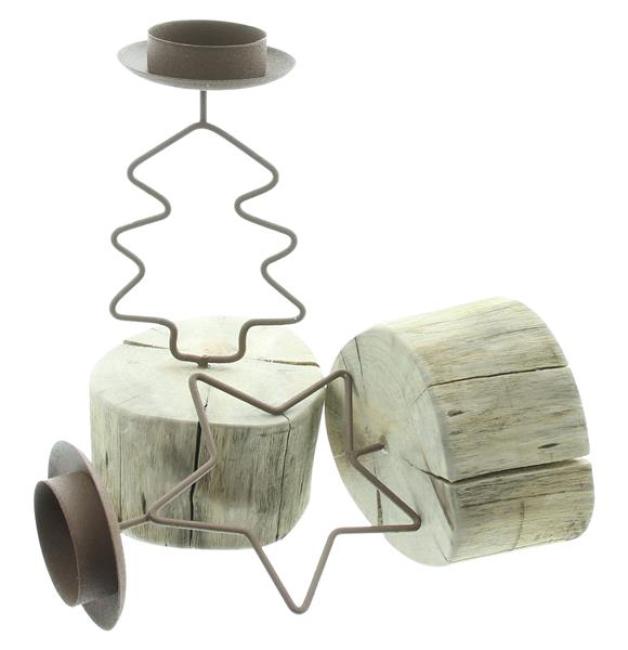 2x Teelichthalter "Tanne & Stern" aus Metall & Holz, rustikale Tischdeko, Halter für Teelichter