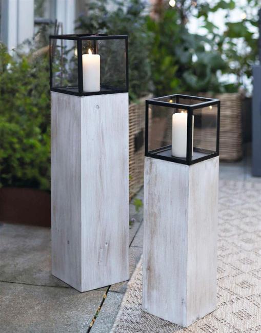 2x Windlichtsäule "Modern Shabby" aus Holz, Metall & Glas, 60 + 78 cm hoch, Kerzenhalter, Kerzenständer, Dekosäule für Wohnzimmer, Holzsäule mit Kerzenglas
