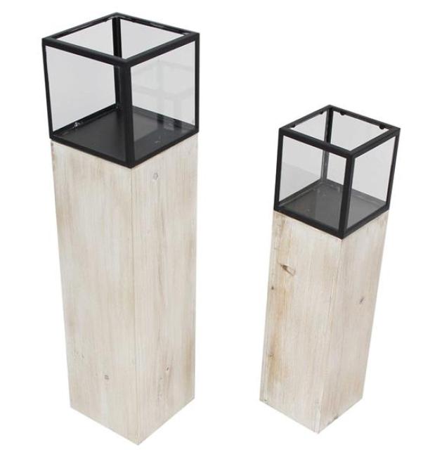 Preview: 2x Windlichtsäule "Modern Shabby" aus Holz, Metall & Glas, 60 + 78 cm hoch, Kerzenhalter, Kerzenständer, Dekosäule für Wohnzimmer, Holzsäule mit Kerzenglas