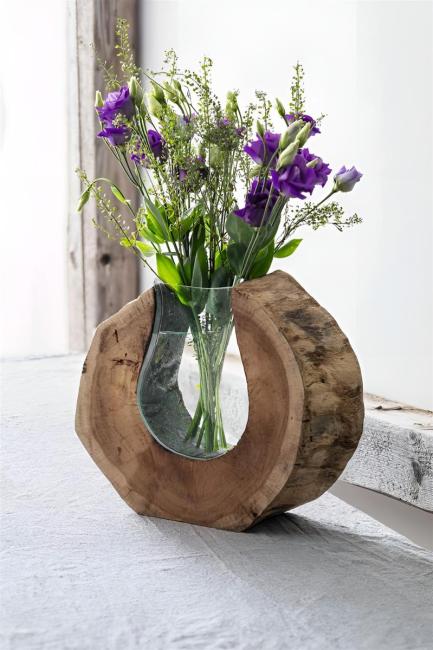 Vase "Wurzelholz" aus Holz & Glas, balinesische Handwerkskunst, Glasvase in Holzscheibe, Blumenvase