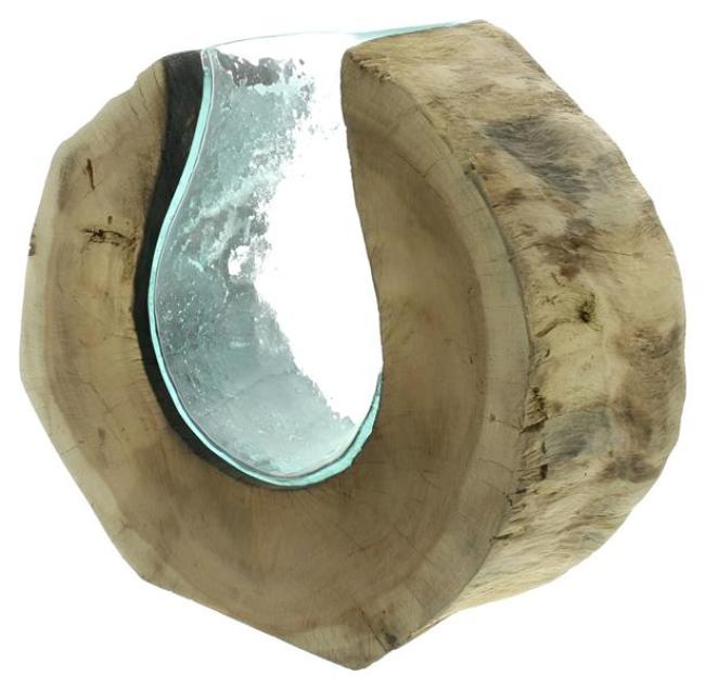 Preview: Vase "Wurzelholz" aus Holz & Glas, balinesische Handwerkskunst, Glasvase in Holzscheibe, Blumenvase