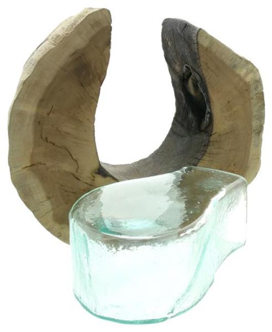Vase "Wurzelholz" aus Holz & Glas, balinesische Handwerkskunst, Glasvase in Holzscheibe, Blumenvase