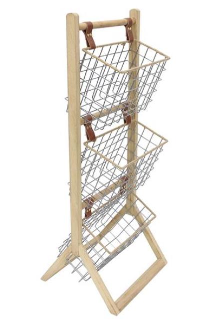 Preview: Standregal aus Holz mit 3 Körben aus Metall, 91 cm hoch, Badregal, Küchenregal