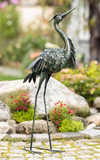 Preview: Dekofigur "Reiher" aus Metall, 90 cm hoch, schwarz grün gold, Fischreiher, Vogelschreck, Gartendeko für Draußen