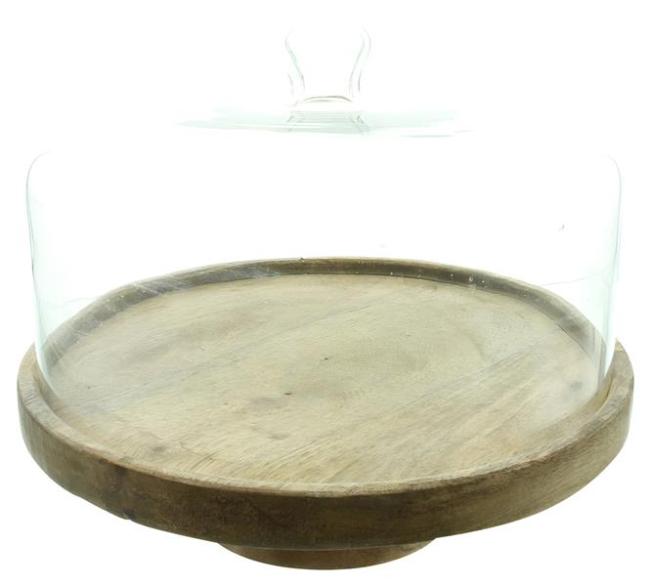 Preview: Servierplatte aus Mango Holz mit Haube aus Glas, Käseglocke, Holzteller mit Glasglocke, Servierbrett