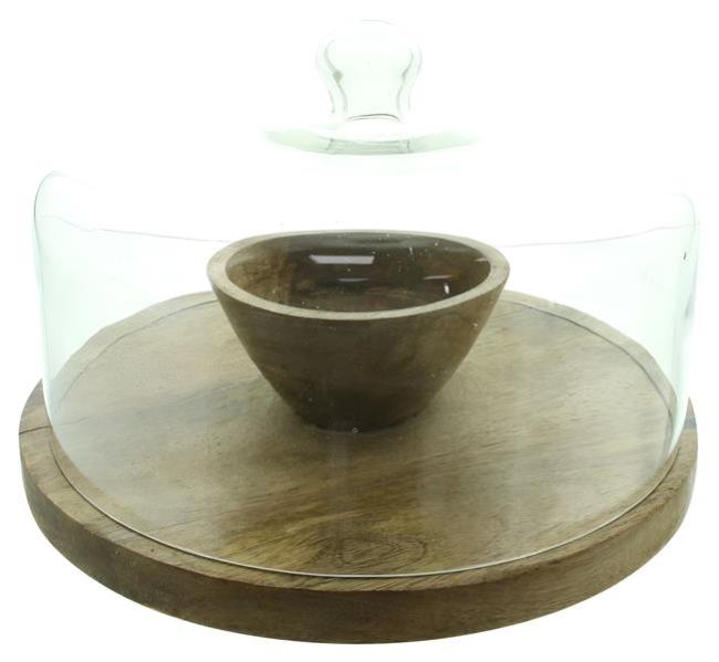 Preview: Servierplatte aus Mango Holz mit Haube aus Glas, Käseglocke, Holzteller mit Glasglocke, Servierbrett