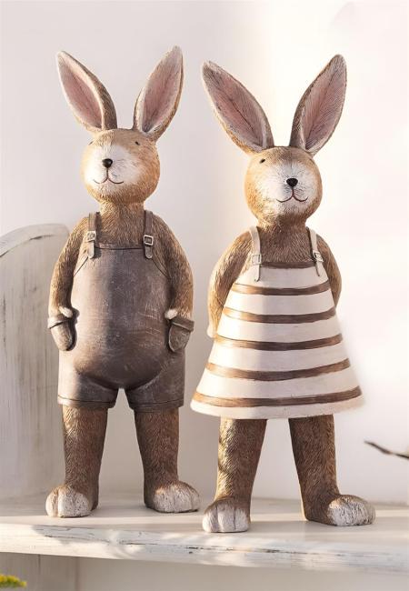 2x Dekofigur "Natur", Hasenpaar in Naturtönen, 29 cm hoch, Osterhase, Osterdeko, Gartendeko für Draußen