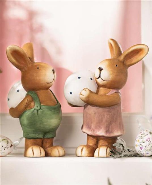 Preview: 2x Dekofigur "Hase mit Osterei" aus Terracotta, 26 cm hoch, Osterhase, Osterdeko, Gartendeko für Draußen