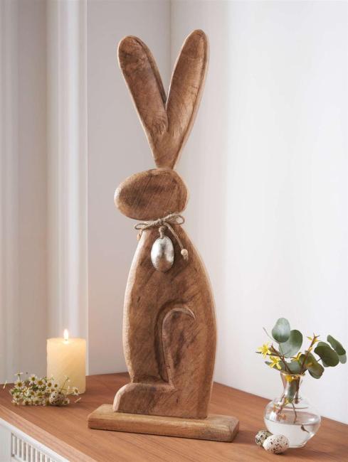 große Dekofigur "Osterhase" aus Mango Holz, 63 cm hoch, Osterdeko, Holzdeko, Osterfigur