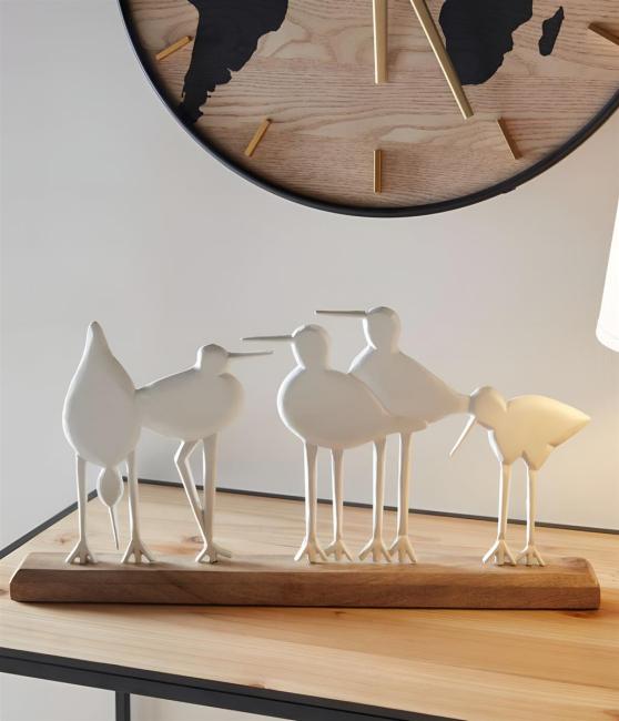 Dekoboard "Vogelschar" aus Holz mit Vögel aus Metall, weiß, 45 cm breit, Dekofigur, Frühlingsdeko, Tischdeko