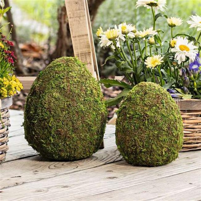 Preview: 2 Dekoeier "Moos" Naturmoos auf Kunststoff, große Ostereier, 19 + 24 cm hoch, Osterdeko Set, Dekofigur